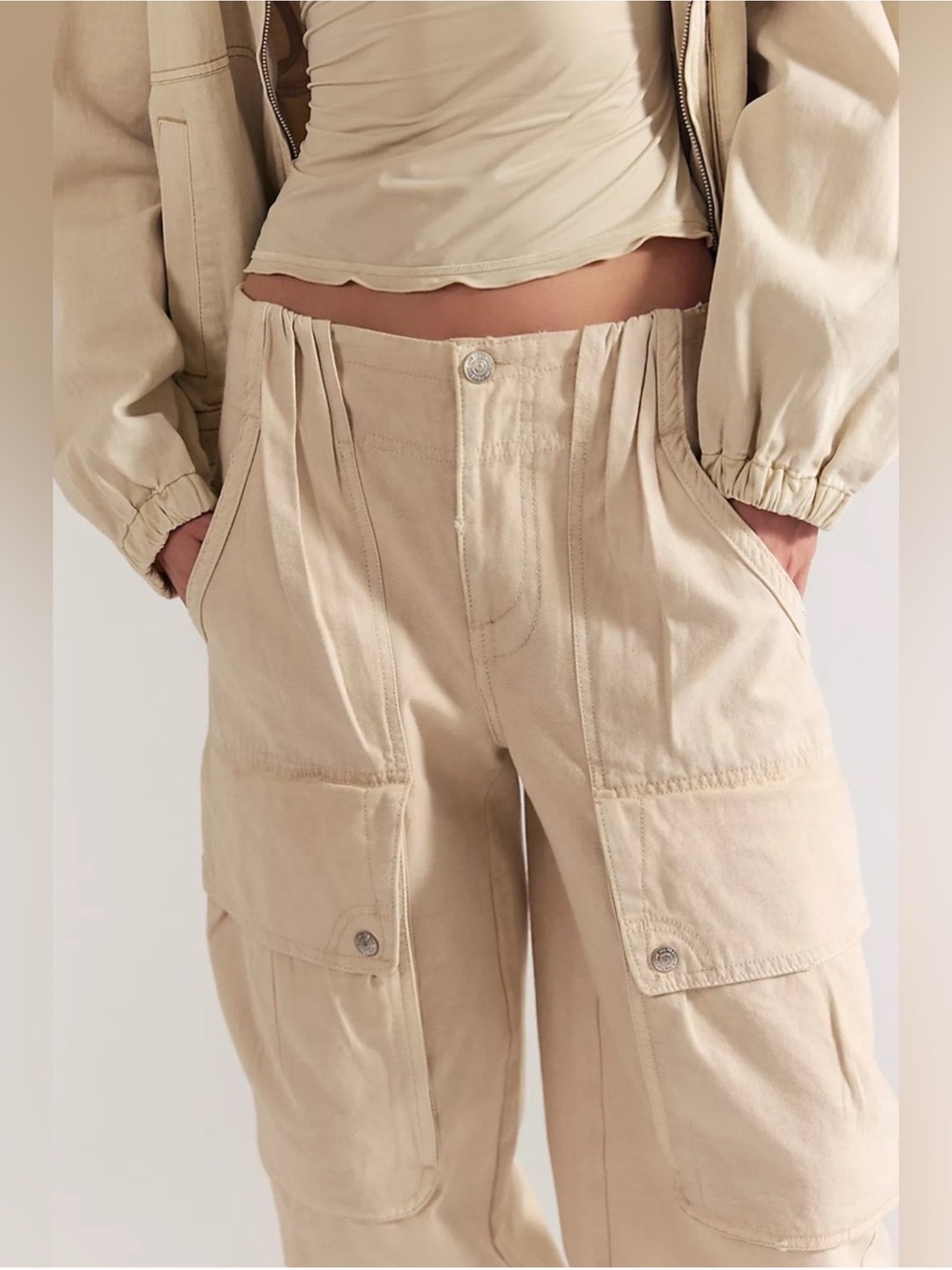 Free People Wide Leg Cargo Pants in Beige